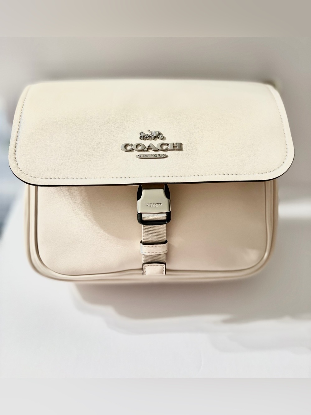 COACH Cream Leather Flap Crossbody with Silver Hardware